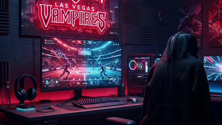 Gaming setup with Las Vegas Vampires neon sign, team hoodie, and a monitor showing a SimWin match.