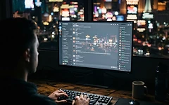 Computer monitor displaying the Vampire Den Discord server with a blurred Las Vegas city reflection.