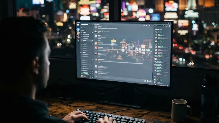 Computer monitor displaying the Vampire Den Discord server with a blurred Las Vegas city reflection.