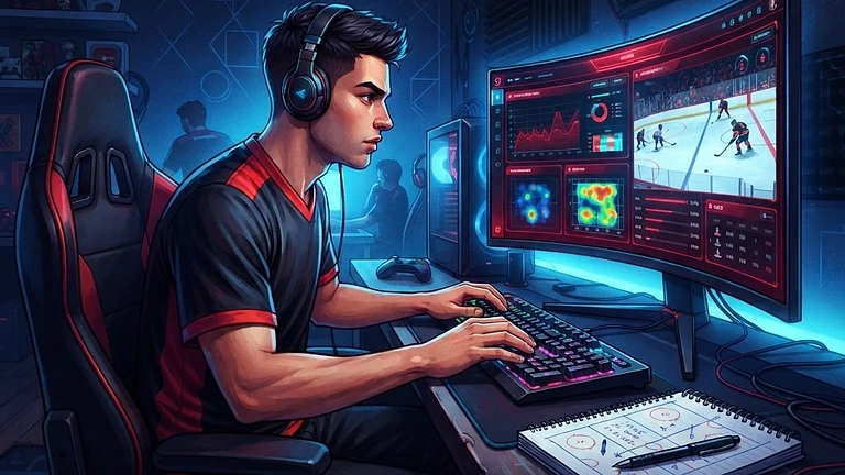 A focused gamer analyzing complex sports simulation data on a computer screen in a darkened room.