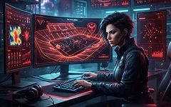 A sports strategist analyzing digital 3D stadium wireframes on multiple computer monitors in a dark room.