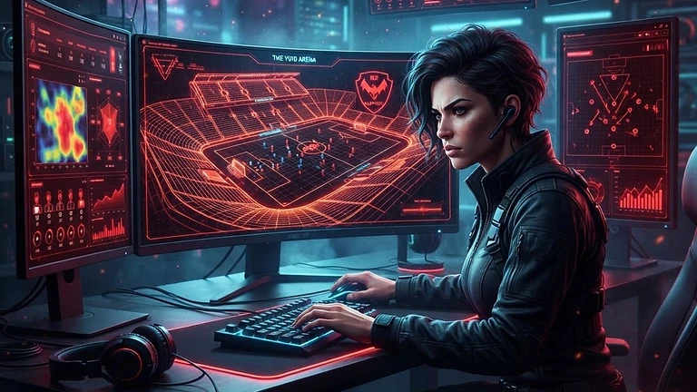 A sports strategist analyzing digital 3D stadium wireframes on multiple computer monitors in a dark room.