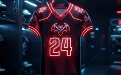 Las Vegas Vampires football jersey hanging in a modern, dark-themed virtual team locker room.