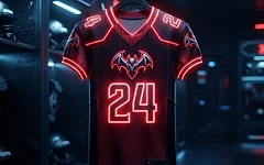 Las Vegas Vampires football jersey hanging in a modern, dark-themed virtual team locker room.