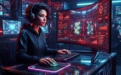 A sports data analyst reviewing player performance metrics on a glowing monitor in a high-tech dark office setting.
