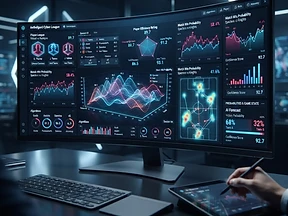 A high-tech digital dashboard displaying data visualizations of virtual athlete statistics and predictive win probability charts.