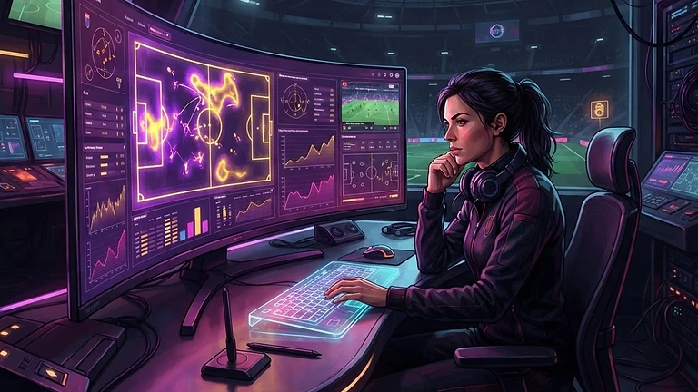 A sports analyst viewing digital team performance statistics and heat maps on a high-tech computer monitor.