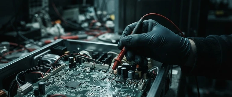 Technician testing an appliance circuit board with a multimeter