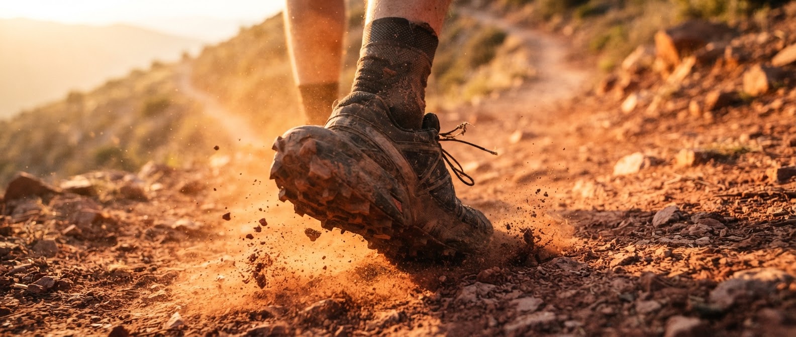 Trail runner's shoe striking a dusty mountain trail at sunrise
