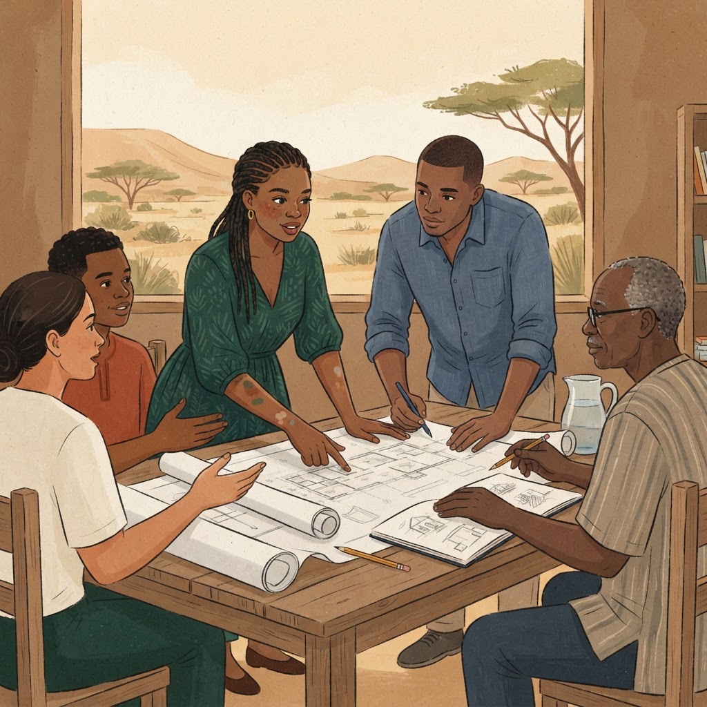 Illustration : réunion de conception d'un projet local entre membres de la diaspora et partenaires autour de plans, avec paysage du Sahel en arrière-plan