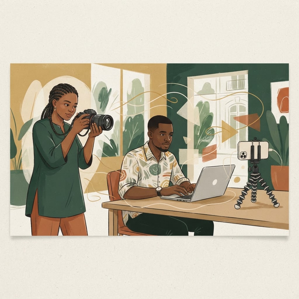 Illustration : petite équipe créant les contenus de l'association avec appareil photo, ordinateur et téléphone