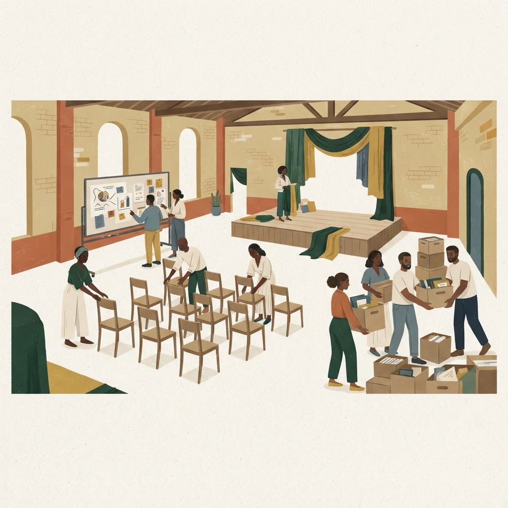 Illustration : équipe préparant matériellement un événement associatif, avec chaises, caisses, scène et planning