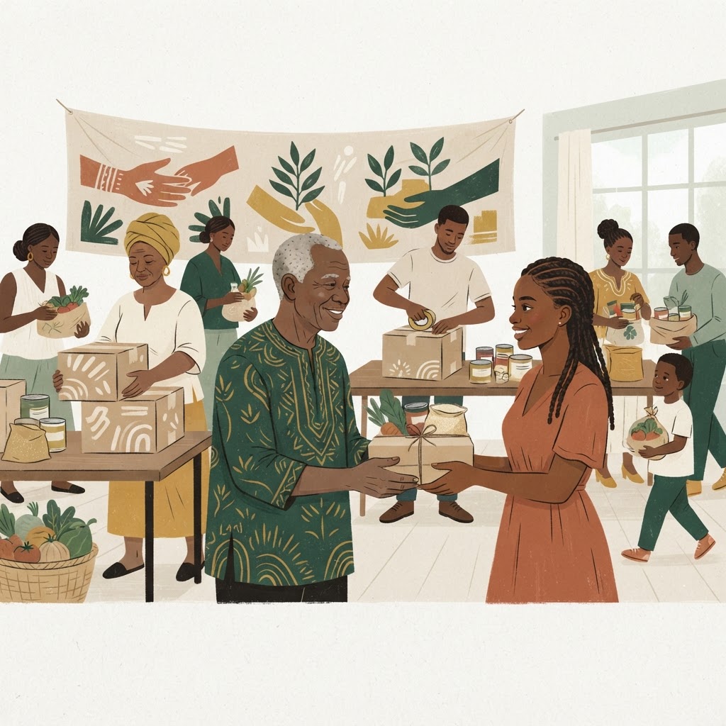 Illustration : élan de solidarité, plusieurs personnes organisant ensemble des colis et une aide communautaire