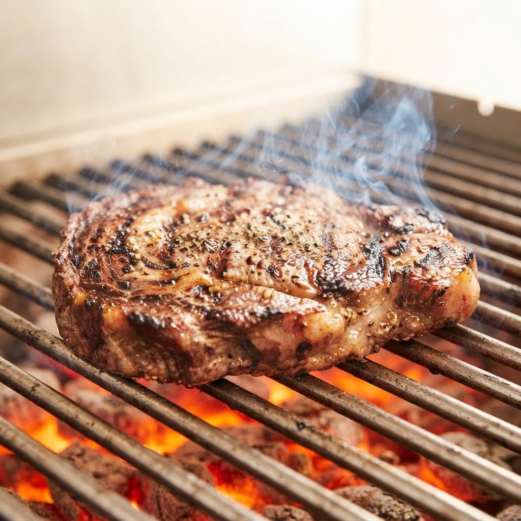 Carne asándose sobre parrilla de carbón