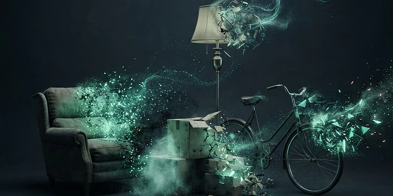 Household objects dissolving into particles against a dark void