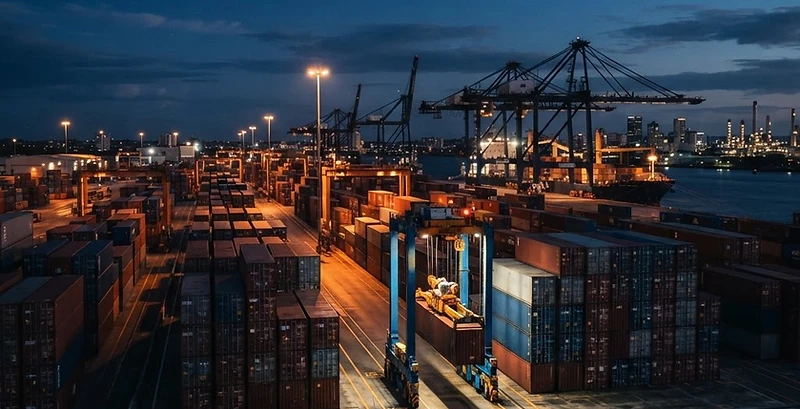 Container stacks and port terminal machinery at the Port of Brisbane at dusk