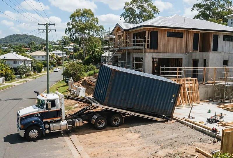 A shipping container being delivered by truck to a residential building site