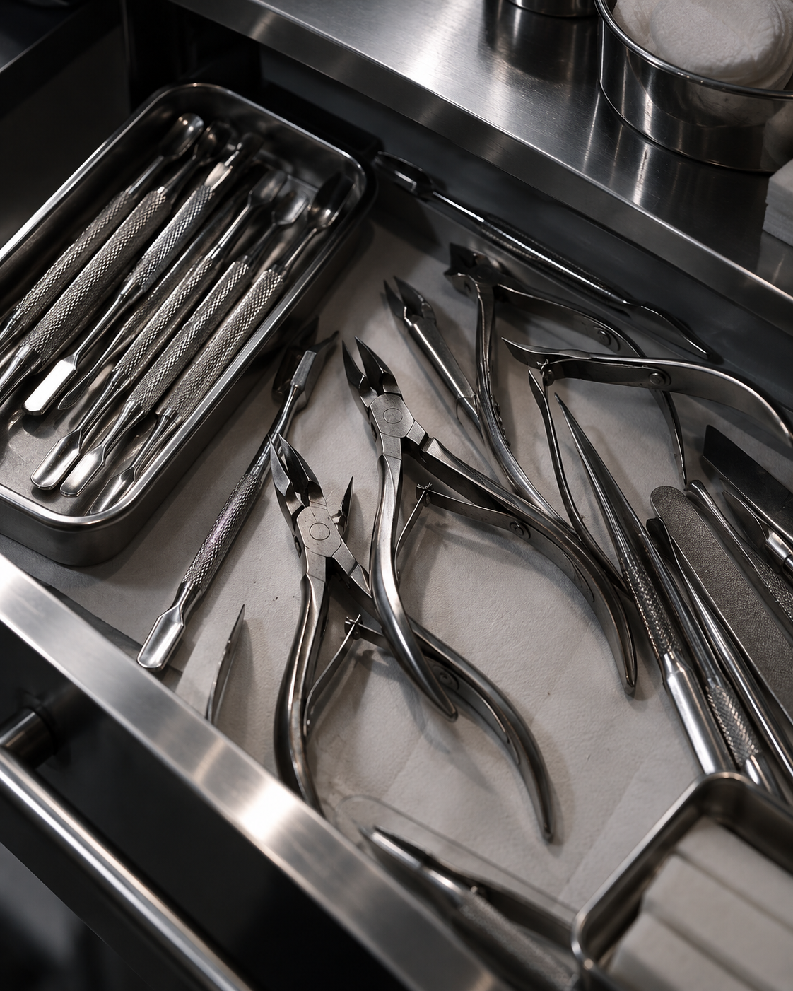 A steel cuticle pusher lying in an open bathroom drawer, slightly tarnished, next to a half-used cuticle oil.
