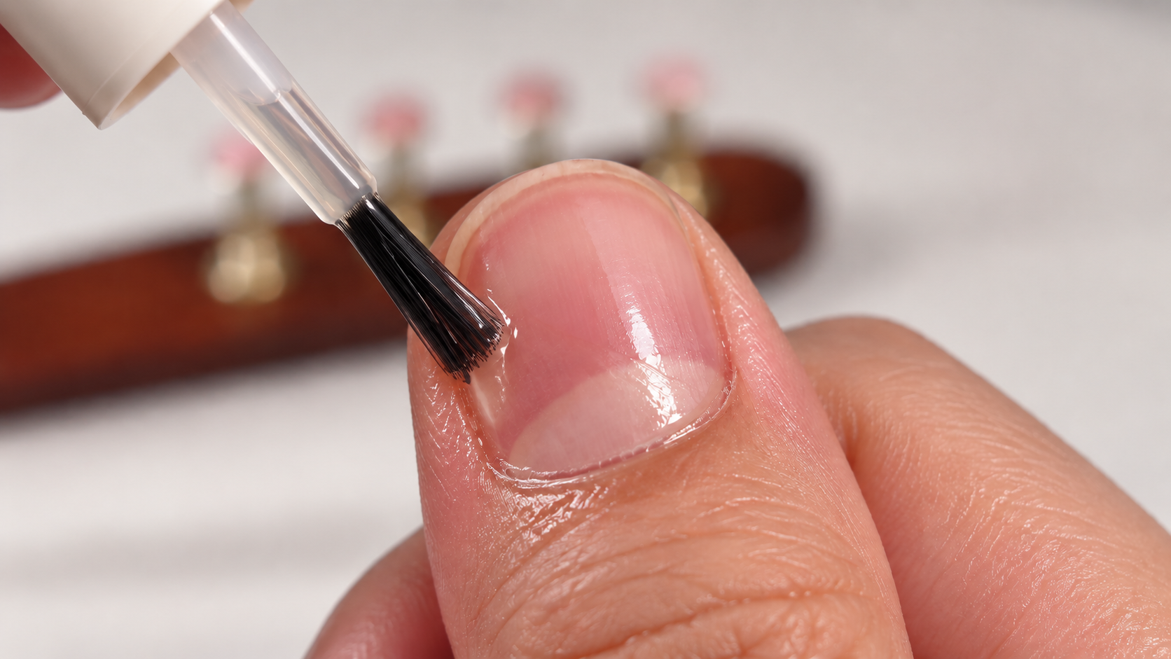 The Keratin Nail Oil brush applying a clear, glossy coat to a nail.