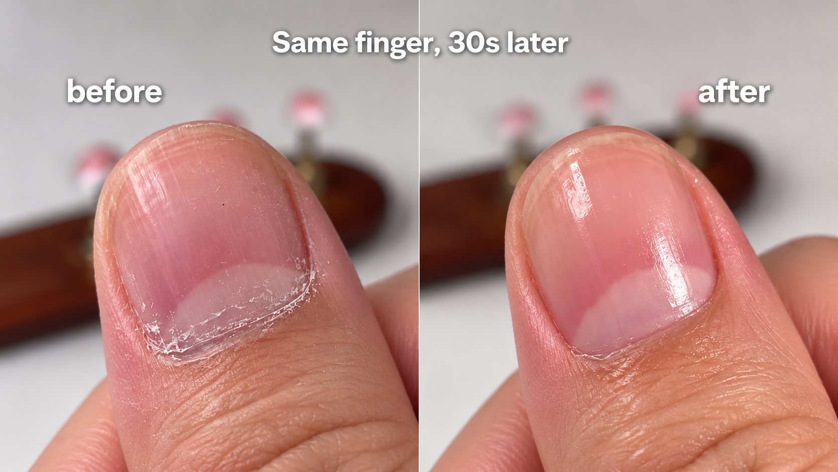 Same finger, 30 seconds later: a dry, peeling nail on the left and the same nail smooth, hydrated and glossy on the right.