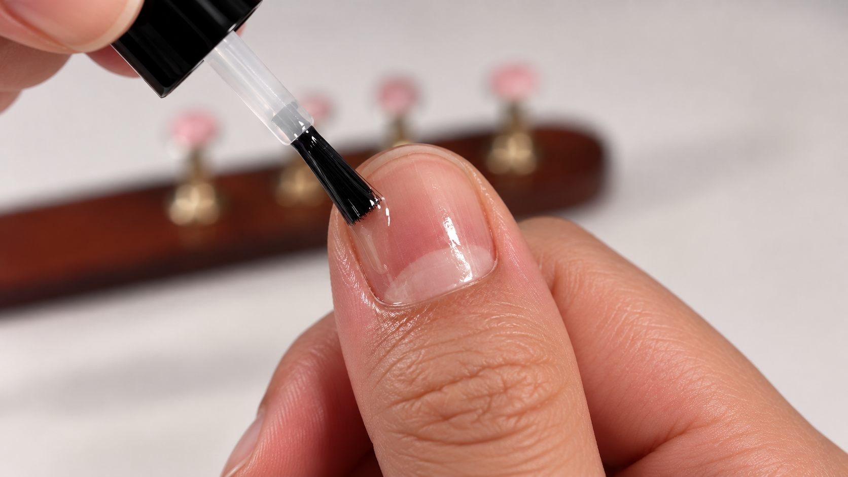 The Hyaluronic Solution brush laying a clear, glossy droplet on a clean nail.