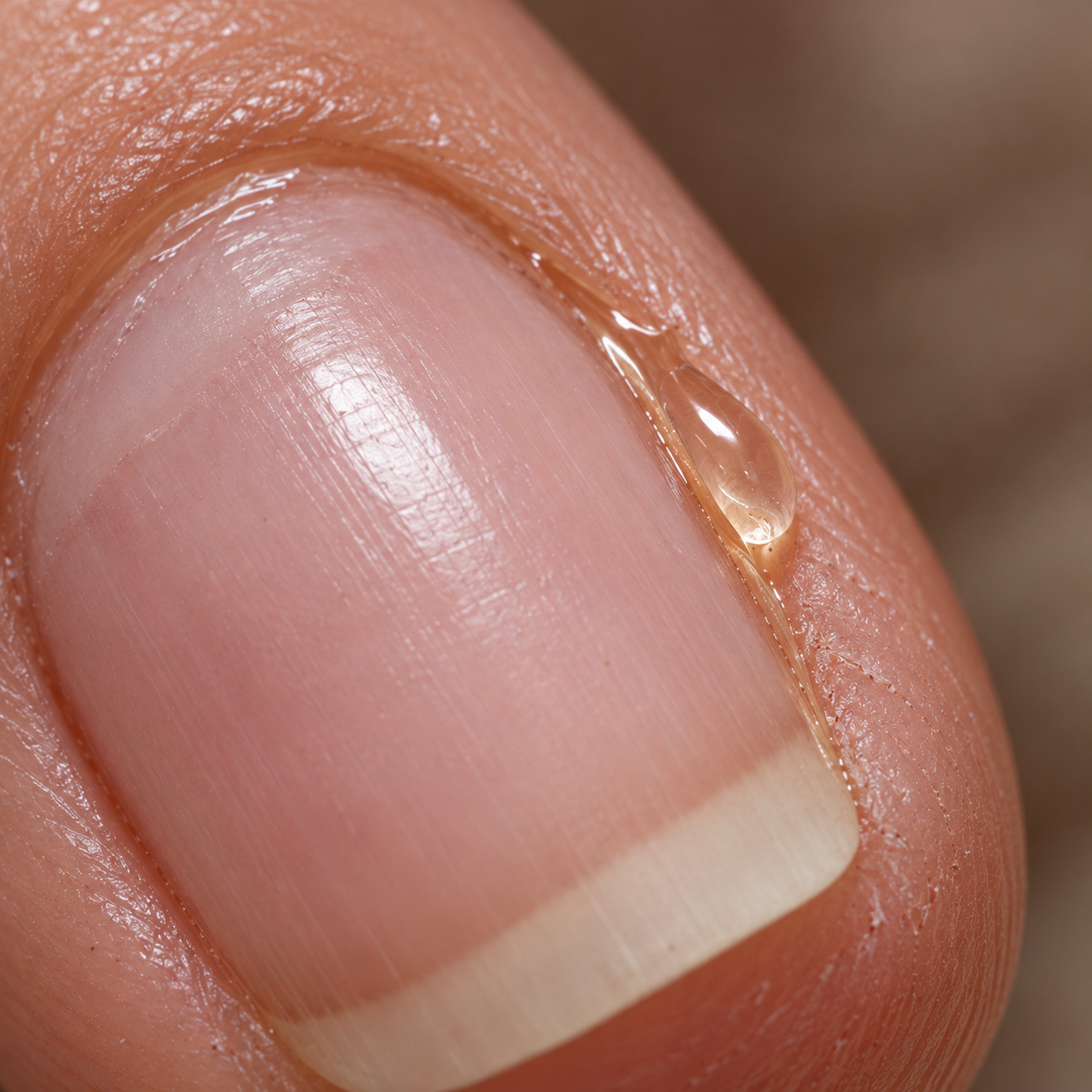 Cuticle oil beading on a dry, slightly rough edge, catching the light.
