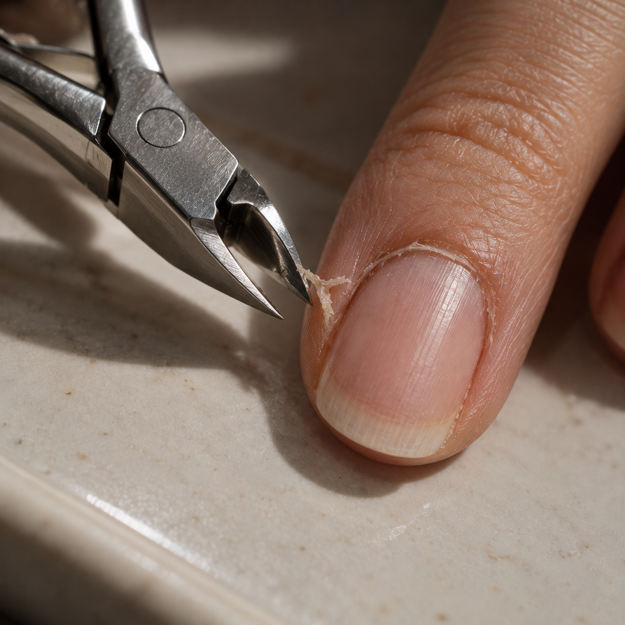 Nippers resting on a cream surface next to a single bare nail.