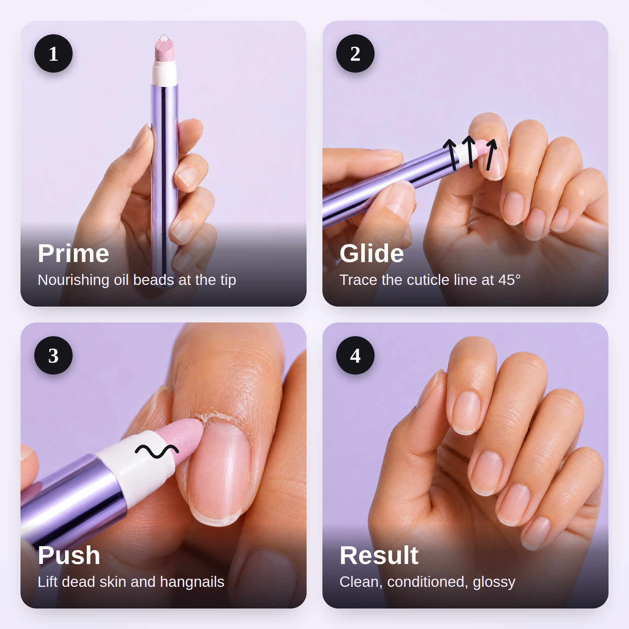 How to use the VELLUVA pen in four steps: prime, glide, push, result.
