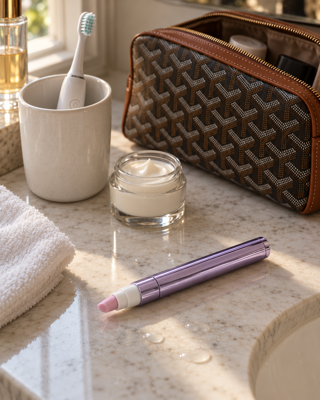 A bathroom counter mid-week: toothbrush, moisturiser, the pen, no manicure kit in sight.