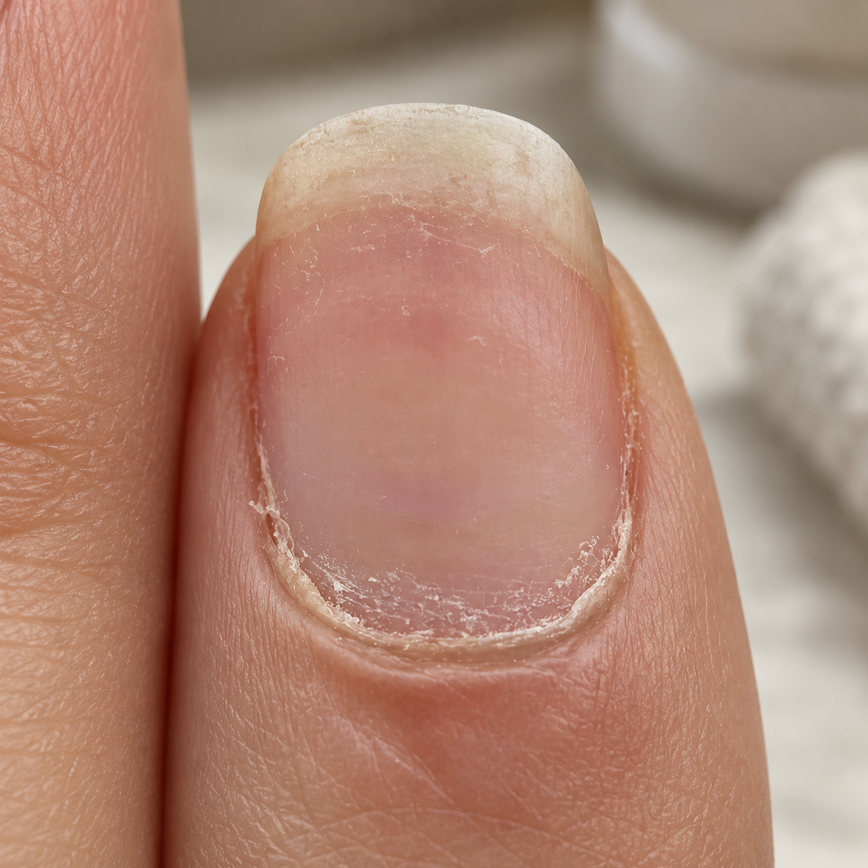 A natural nail with a subtle dry rim along the plate edge, no polish, before any treatment.