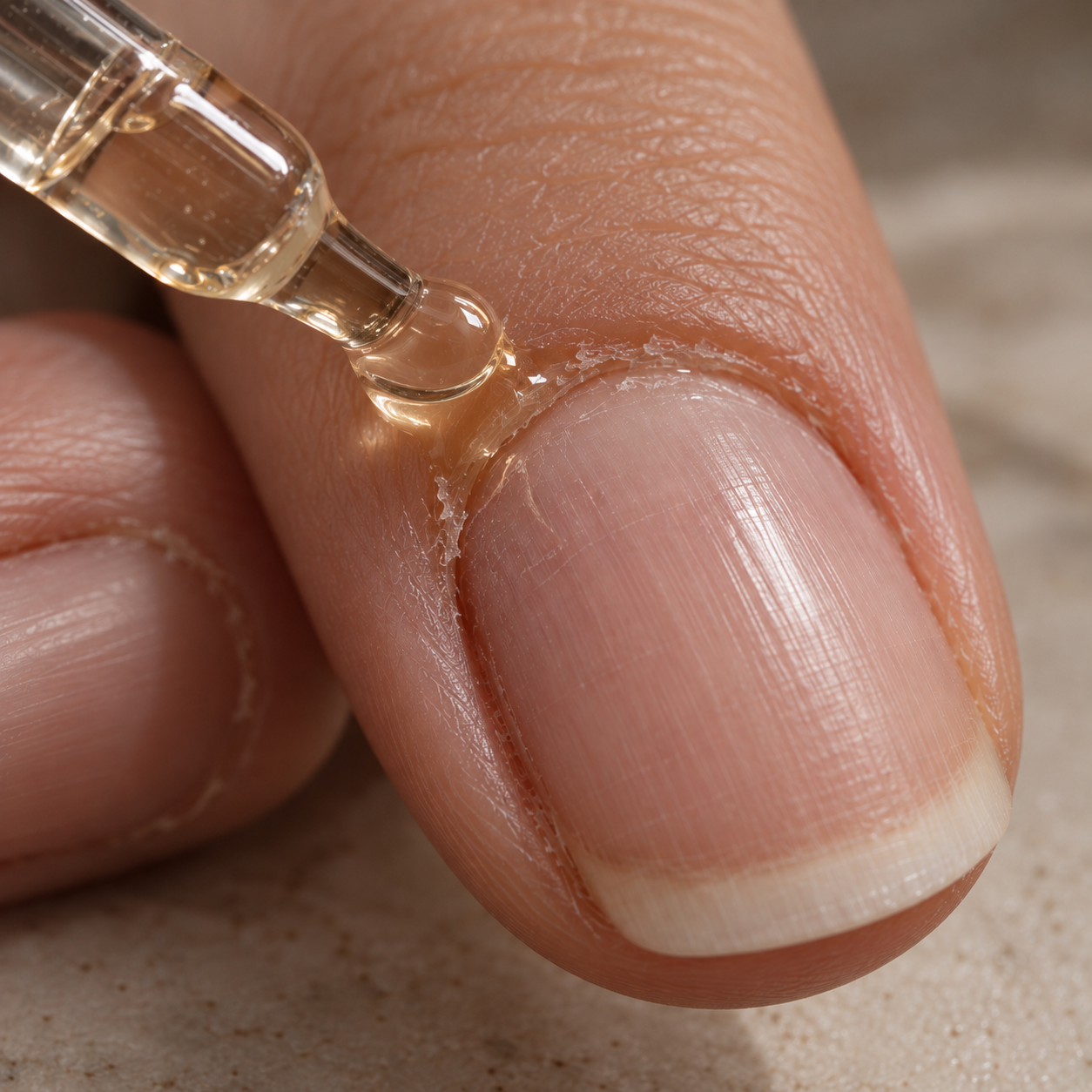 Cuticle oil beading on a dry, slightly rough nail edge, catching the light.