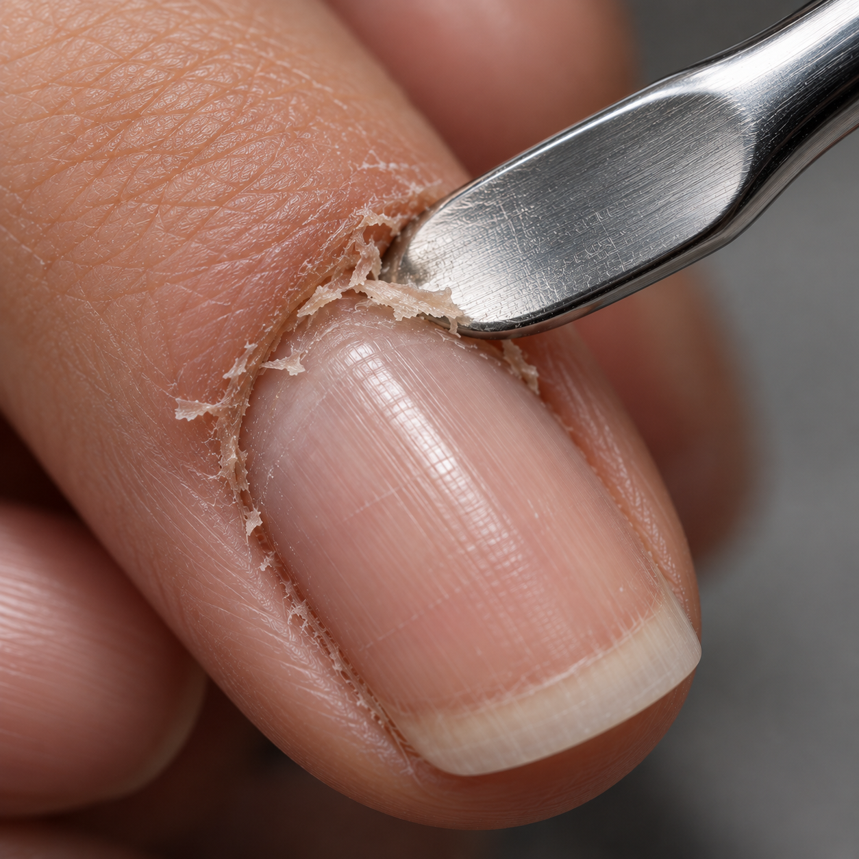 A steel cuticle pusher laid flat along a natural nail, mid-stroke.