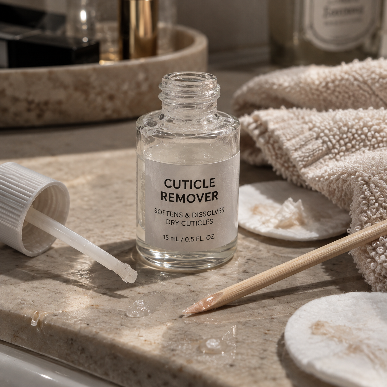 A small bottle of remover gel, a wooden stick and a towel on a bathroom counter.