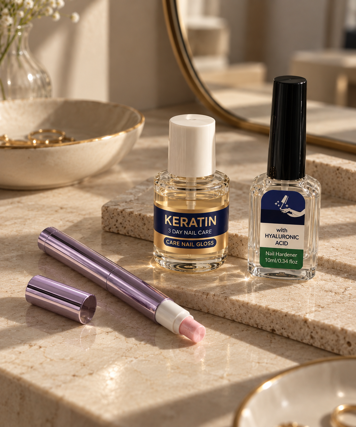 A warm, personal shot of hands, bare natural nails, a cuticle oil bottle and the pen on a bathroom counter.