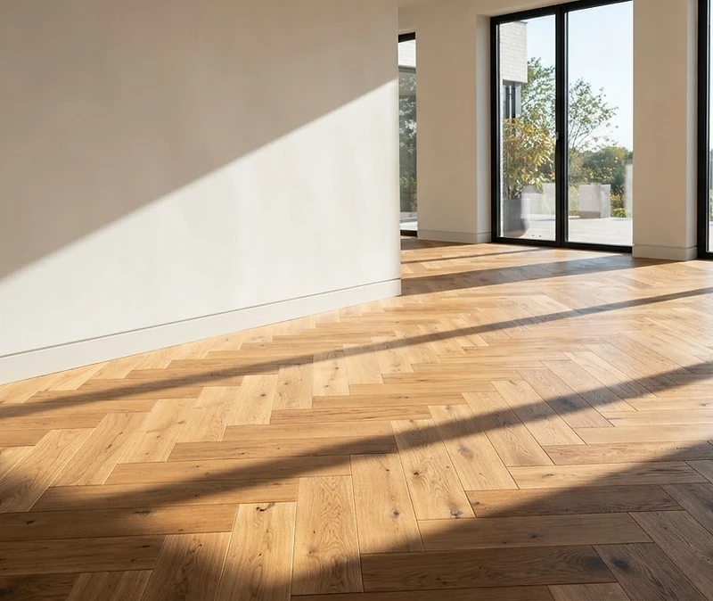 Modern living room with herringbone oak floors and freshly painted walls