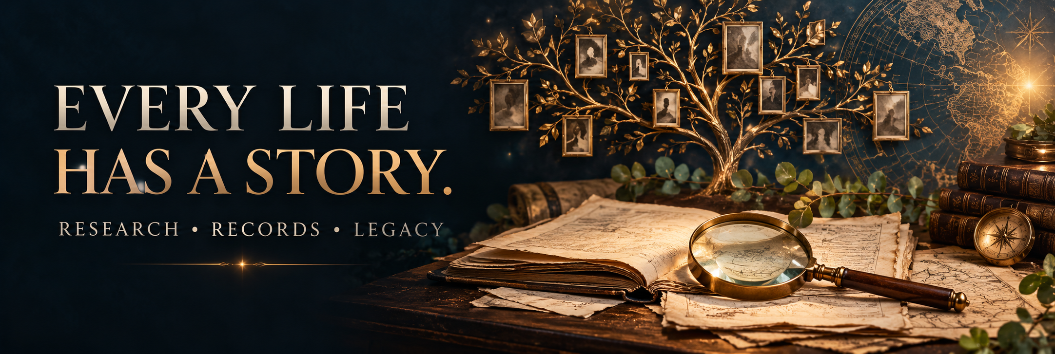 Every life has a story. Research, records, and legacy, illustrated with archival papers and a symbolic family tree.