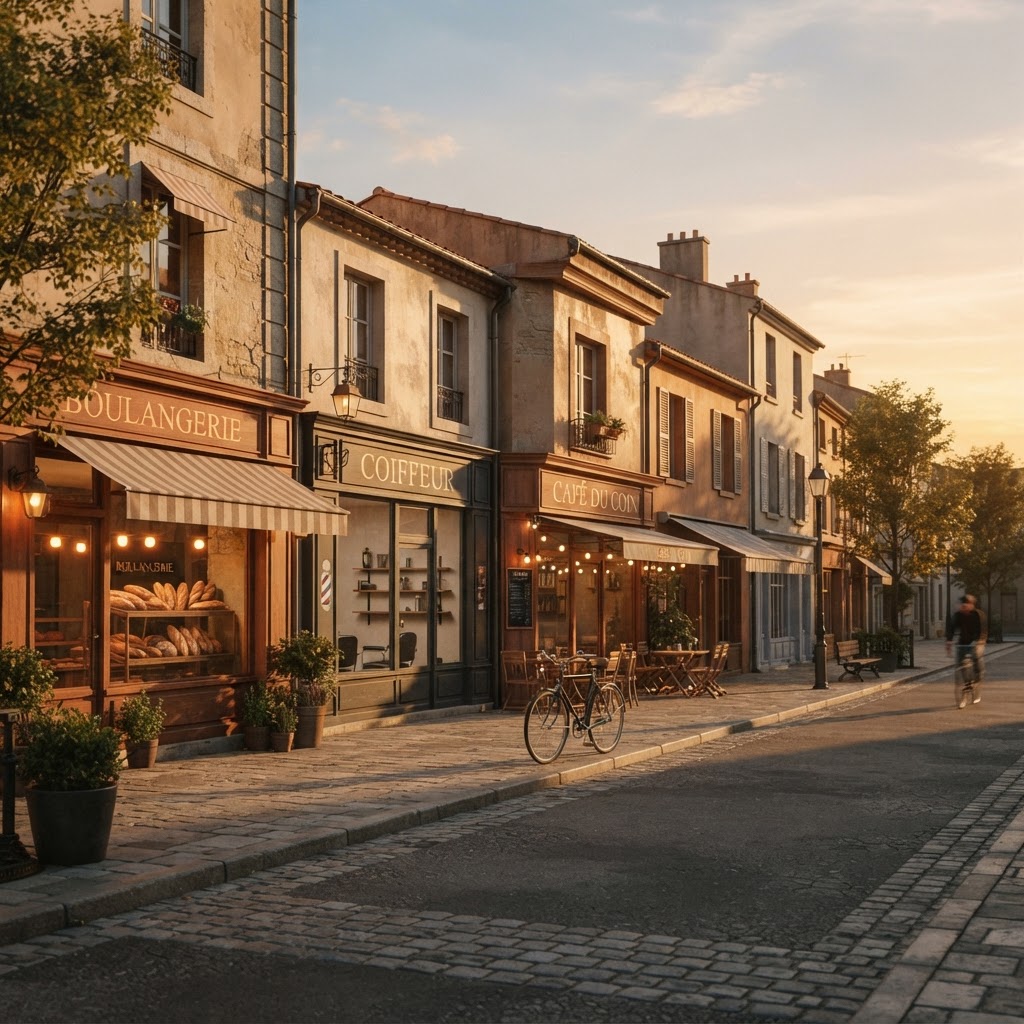 A local main street of small businesses at golden hour
