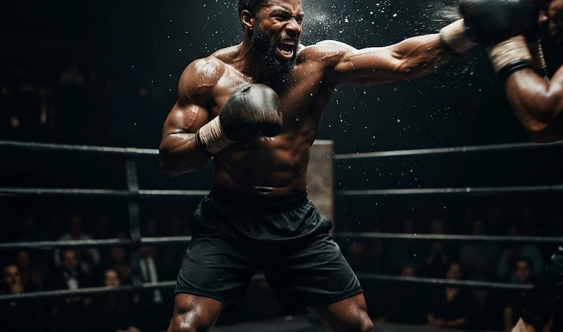 Boxer landing a punch in a dark ring