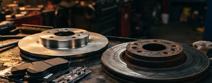 New brake pads and rotor beside a worn grooved rotor on a workbench
