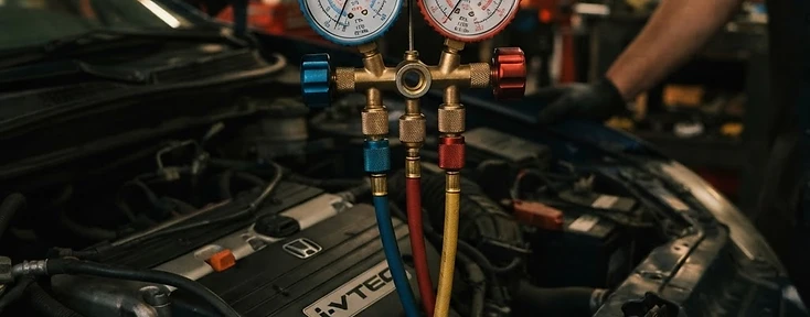 AC manifold gauges connected to a sedan engine bay during a diagnosis