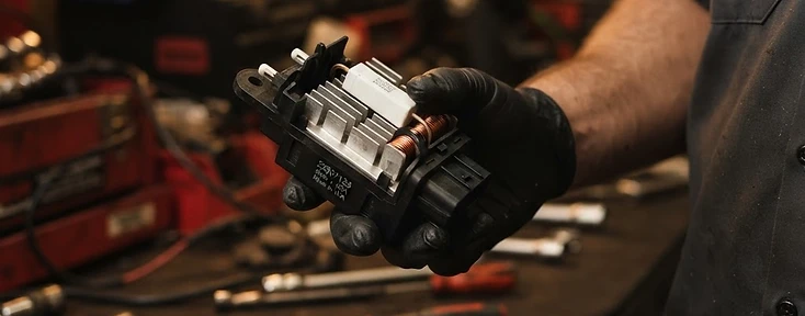 A new blower motor resistor pack held in a gloved hand