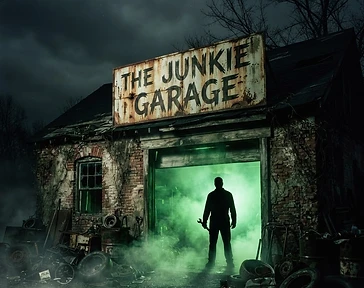 Abandoned haunted garage with a shadowy silhouette holding a wrench