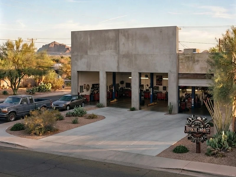 Street view of a three-bay auto repair shop