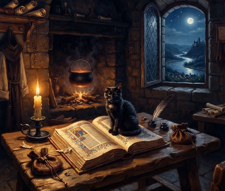 A candlelit medieval study with an open manuscript and a one-eared black cat