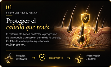 01. Tratamiento médico. Proteger el cabello que tenés. El tratamiento busca controlar la progresión de la alopecia y preservar, dentro de lo posible, los folículos susceptibles que todavía están presentes. Folículos existentes → Tratamiento → Preservación / control.