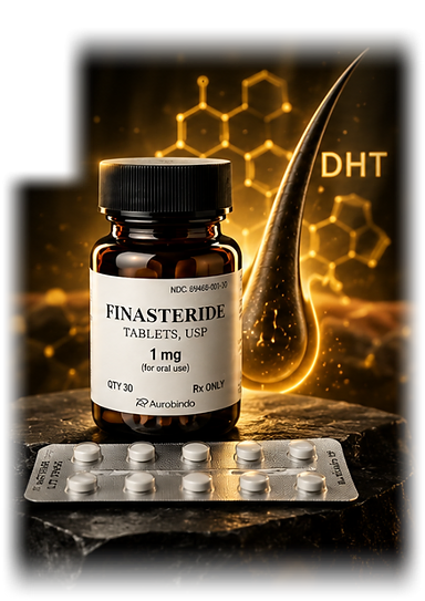 Frasco de Finasteride con blíster de comprimidos