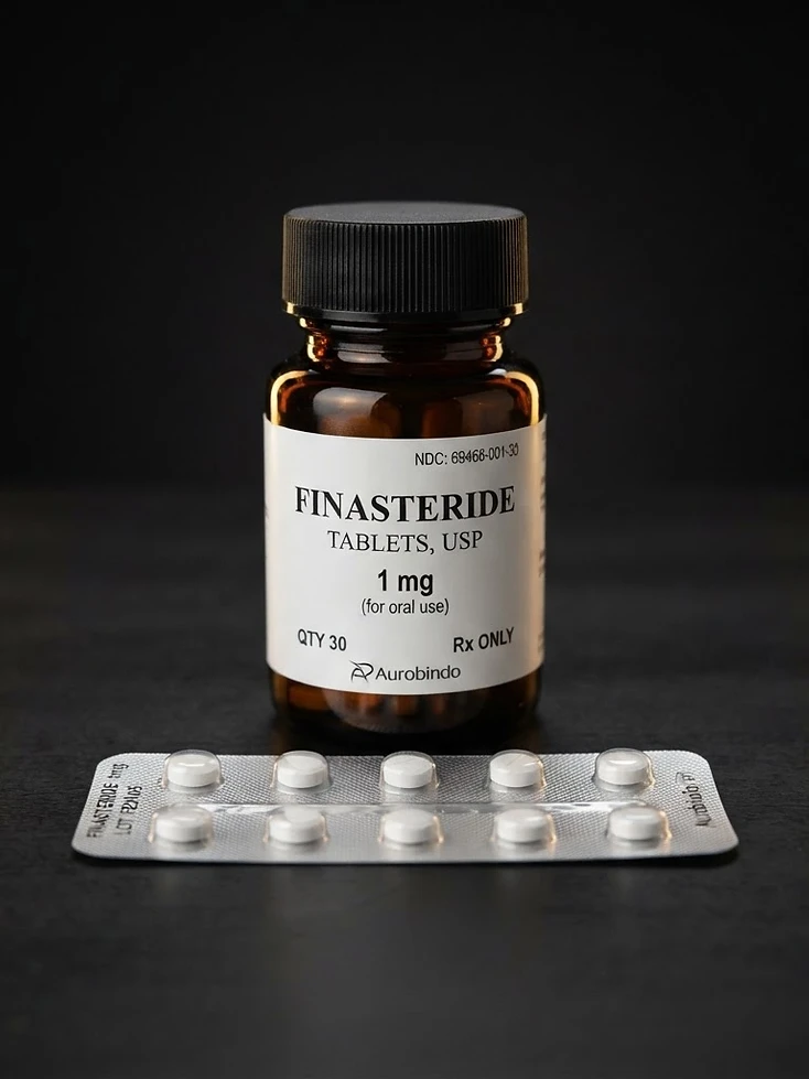 Frasco de Finasteride con blíster de comprimidos