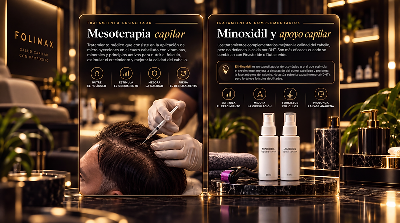 Mesoterapia capilar: Tratamiento localizado con microinyecciones en el cuero cabelludo para nutrir el folículo, estimular el crecimiento y mejorar la calidad del cabello. Minoxidil y apoyo capilar: Tratamientos complementarios. El minoxidil estimula el crecimiento y prolonga la fase anágena; no actúa sobre la causa hormonal de la caída por DHT. Su indicación y combinación requieren evaluación médica.