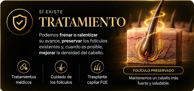 Sí existe tratamiento: podemos frenar o ralentizar el avance, preservar los folículos existentes y, cuando es posible, mejorar la densidad del cabello. Tratamientos médicos, cuidado de los folículos y trasplante capilar FUE. Folículo preservado.