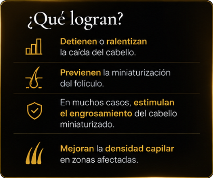 ¿Qué logran? Detienen o ralentizan la caída del cabello. Previenen la miniaturización del folículo. En muchos casos, estimulan el engrosamiento del cabello miniaturizado. Mejoran la densidad capilar en zonas afectadas.